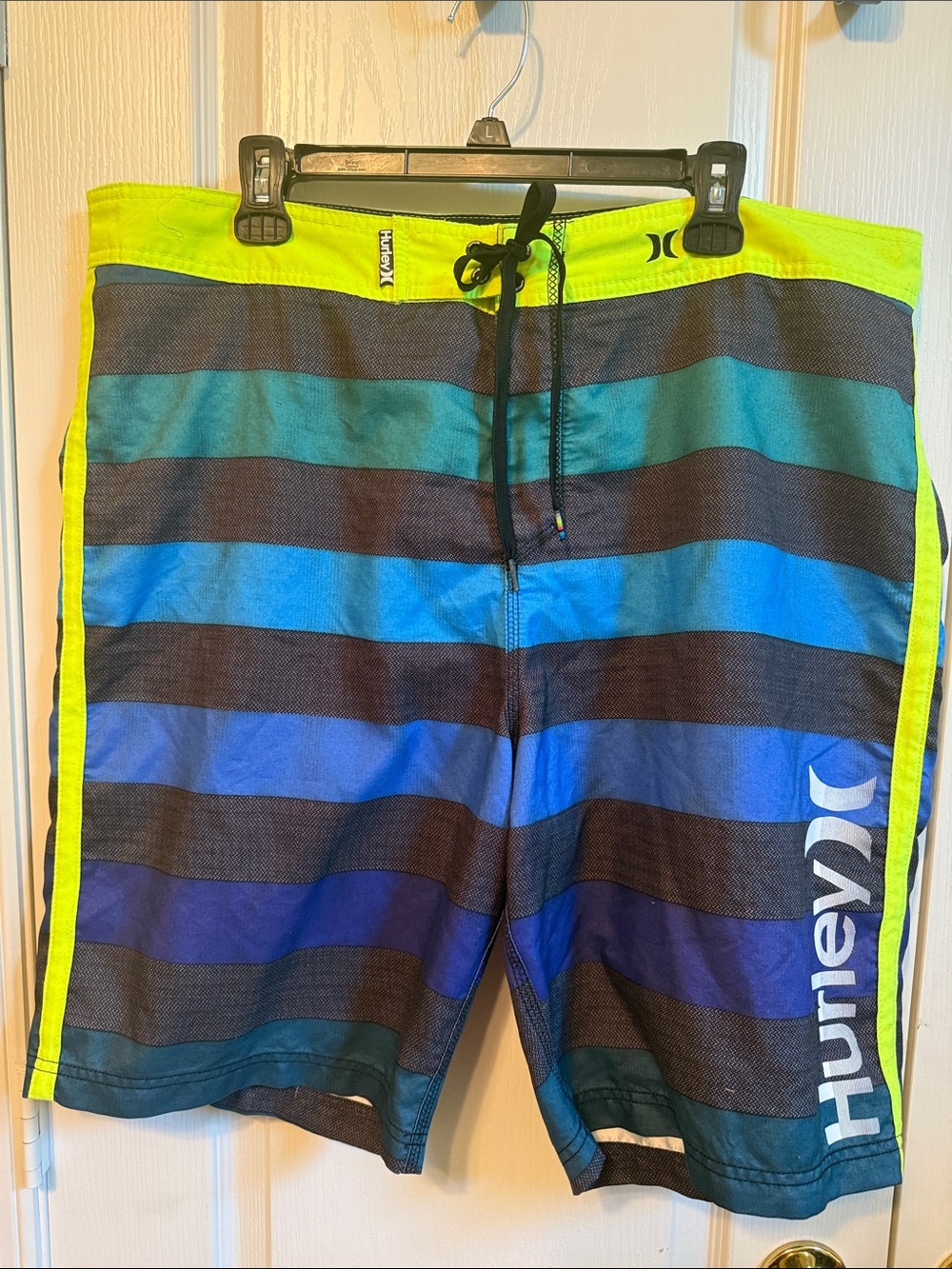 Hurley Blue, Teal & Neon Yellow Striped Board Shorts